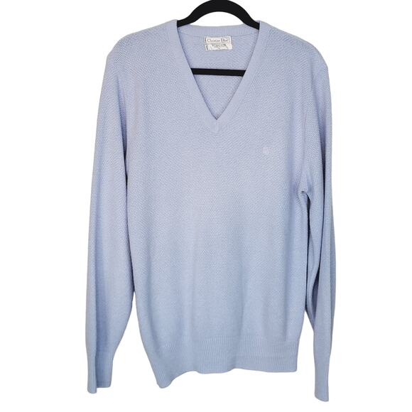 Vintage 80s Christian Dior Powder Blue V-Neck Sweater Size L Made in USA - Picture 3 of 10